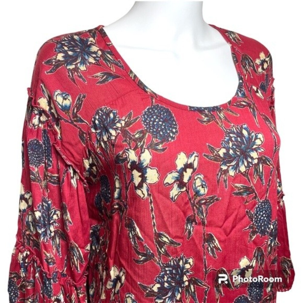 Angie Boho Red Burgundy Floral Top Bell Sleeve Crew Neck Size S - Picture 4 of 9